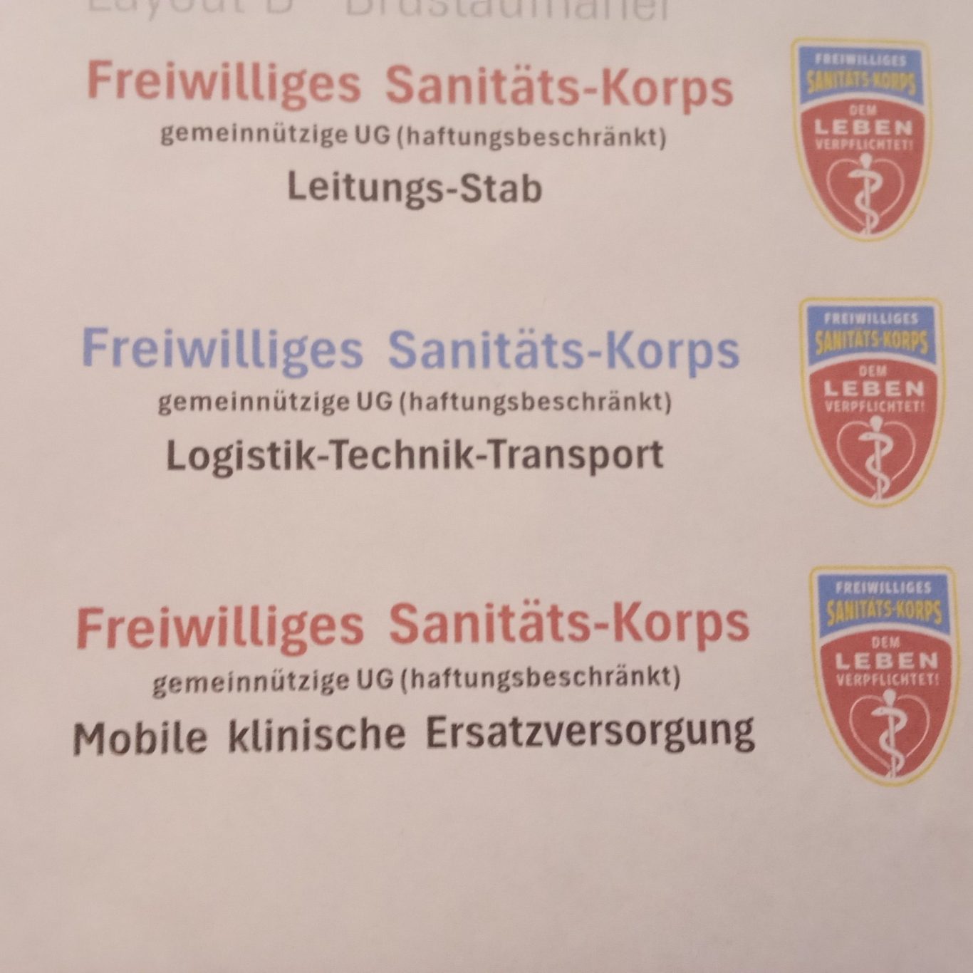 Freiwilliges Sanitäts-Korps, verschiedene Abteilungen auf einem Dokument aufgeführt.